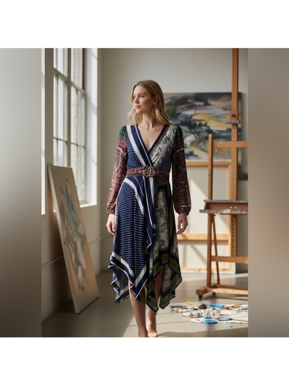 Anthropologie Navy and Multi Mixed-Print Asymmetrical Wrap Dress